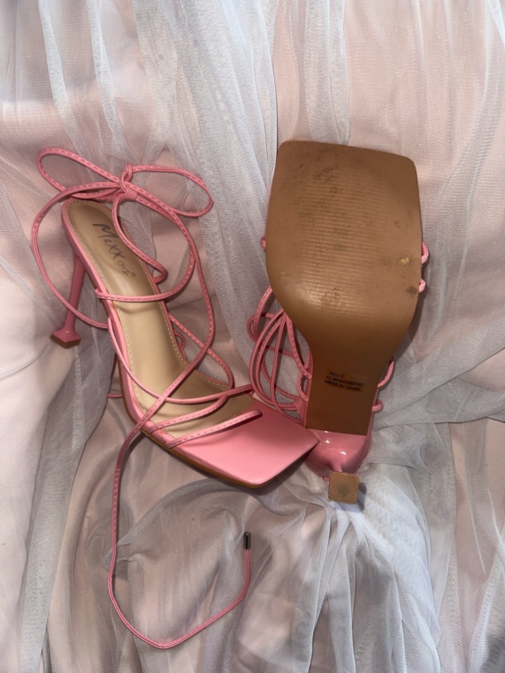 MIXX Pink Lace-Up Square-Toe Stiletto Sandals